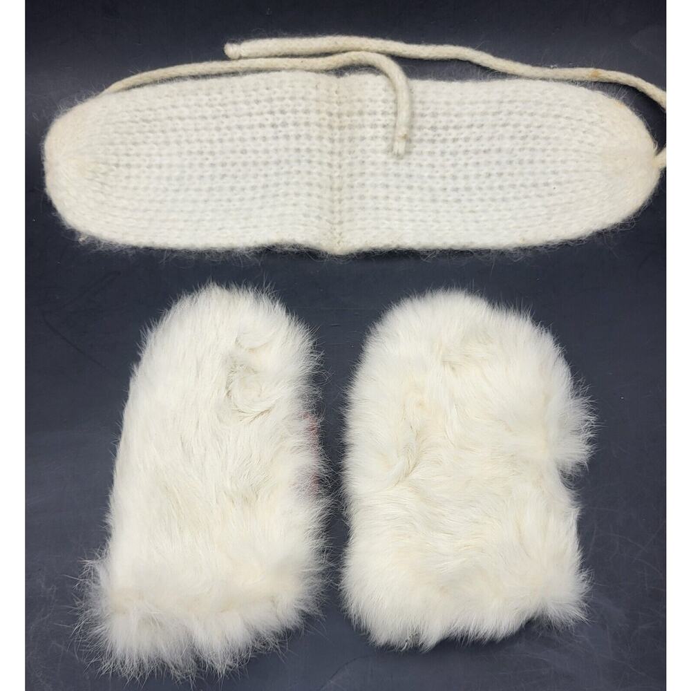 RARE 1950s Childs White/Red Fur/Leather Mittens and Wool Knit Cap YK